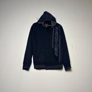 Zoo York Sweater Men L Y2K New York Button Up Embroidered Cardigan Hooded Black